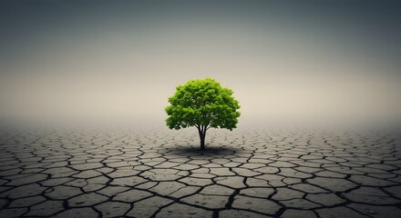 Lone Tree Growing in Cracked Earth Showing Resilience and Hope