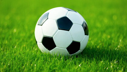 Fototapeta premium Black and white leather soccer ball on a green grass field outdoors 