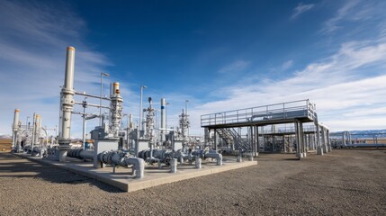 Obraz premium Industrial facility with large pipes, valves, and a platform.