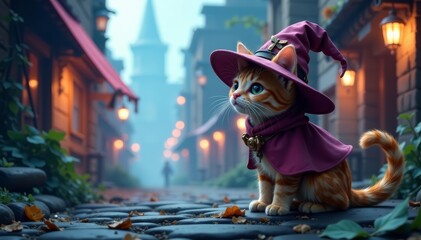 Cute feline witch with pointed hat exploring mystical urban landscape, fantasy cityscape, dreamy, whimsical
