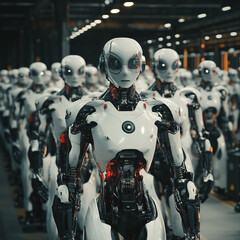 A large warehouse stock of robots in production with a selective focus on one cyborg. Robotic army of the future. Artificial intelligence. Science fiction. Illustration in technological style
