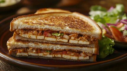 Stacked Tofu Sandwich with Tangy Sauce, accompanied by a vibrant salad side dish