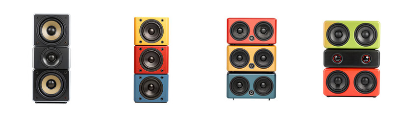 Colorful and modular loudspeakers stacked vertically on a white background studio shot transparent background Generative AI