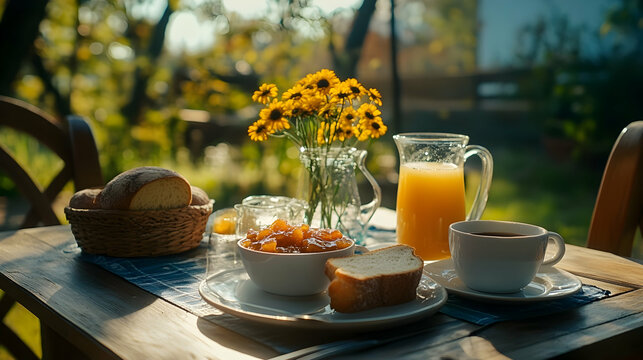 Idyllic breakfast setting outdoors featuring fresh juice and vibrant sunflowers