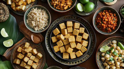 Exotic assortment of Asian inspired tofu dishes presented in ornate bowls overhead view