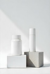 White cosmetic bottles and box on concrete blocks, minimalist style, product photography, studio shot, white background, soft shadows, clean and modern design
