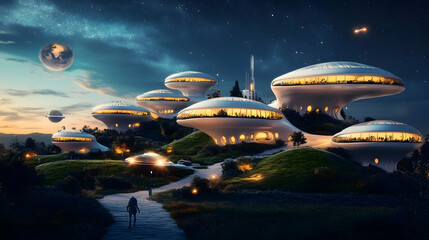 Obraz premium Serene futuristic settlement under a starlit sky with lush green hills and modern architecture