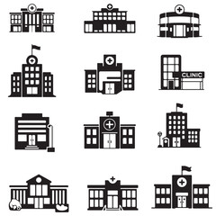 hospital, clinic, hospital building black vector silhouettes