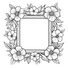 Line art illustration of a rectangular frame adorned with decorative flowers, leaves, and botanical elements. Represents a natural border, elegant design, and printable template.