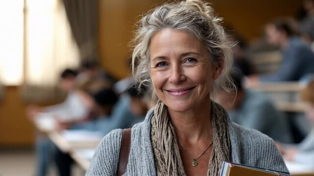 Bust-length portrait of a charismatic female university professor with a soft, reassuring smile standing in a lecture hall, students studying in the blurred background, warm academic atmosphere, Gener