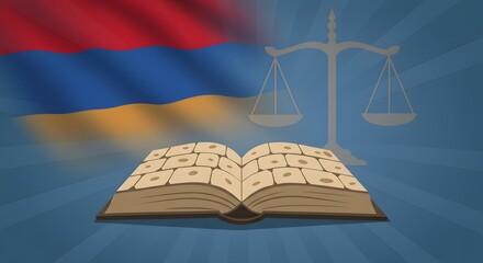 Open Book with Scales of Justice and Flag Illustration