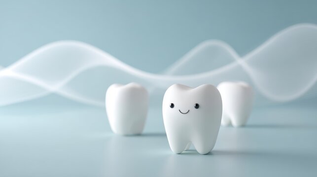 White cartoon teeth with soft lighting and wave graphics. Modern dental design concept with clean visuals