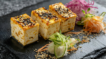 Gourmet grilled tofu cubes with sesame seeds and fresh vegetables, close up shot
