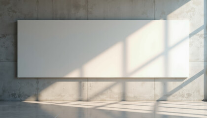 Horizontal banner mockup. Empty landscape-oriented white banner on industrial cement wall with sun casting long shadows, ideal for corporate promo or minimalist branding design