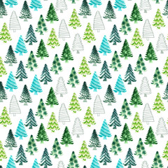 Obraz premium Watercolor seamless pattern with green stylized Christmas trees