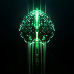 Electronic circuit board or scheme close up. The concept of artificial intelligence. An abstract button designed as a glowing brain. Turn on your mind energy. Technologies of the future. Illustration