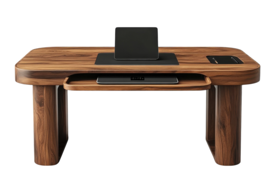 Exquisite handcrafted walnut wood desk modern minimalist design sleek black laptop tablet built in storage rich dark tones on transparent background