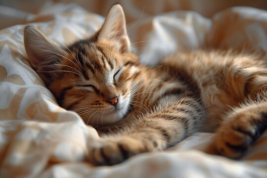 **Close-Up Of Sleeping Kitten With Paws Covering Face, Soft Bed Sheet Texture, Warm Natural Light --Ar 3:2 --S 996 --V 6.0 --Style Raw** - @Darya (Relaxed)