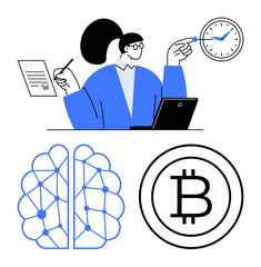 Professional woman juggling tasks, holding clock and document by laptop. Neural network and Bitcoin represent AI and digital currency. Ideal for productivity, technology, finance, innovation