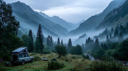 A camper van parked in a valley surrounded by fog, mountains and trees