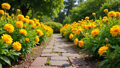 Vibrant yellow marigolds lining a pathway in a serene garden  