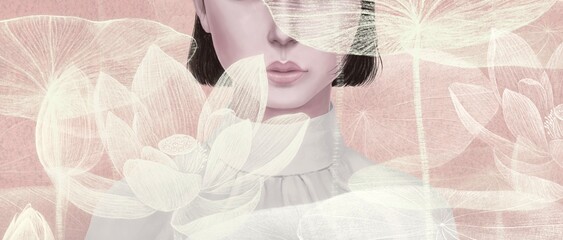Woman and lotus flowers and leaf. painting illustration. people and nature.