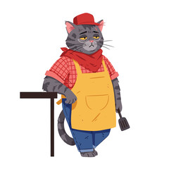 Grumpy Cartoon Chef Cat Leaning on Table with Spatula