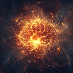 Electronic circuit board or scheme close up. The concept of artificial intelligence. An abstract button designed as a glowing brain. Turn on your mind energy. Technologies of the future. Illustration