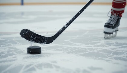 Obraz premium Ice Hockey Action Shot Close-up of Player's Stick and Puck on Frozen Rink