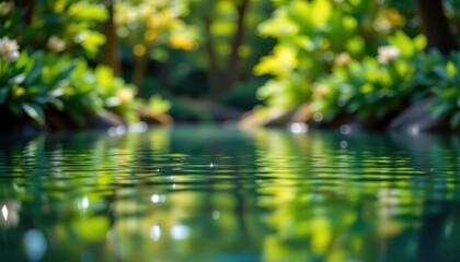 Fototapeta premium A captivating image featuring vibrant green bokeh reflections dancing across a tranquil water surface