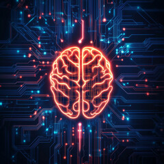Electronic circuit board or scheme close up. The concept of artificial intelligence. An abstract button designed as a glowing brain. Turn on your mind energy. Technologies of the future. Illustration
