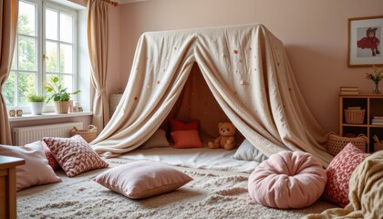 The cozy fort in the child's room is made up of a soft blanket draped over the furniture, creating a warm and inviting space