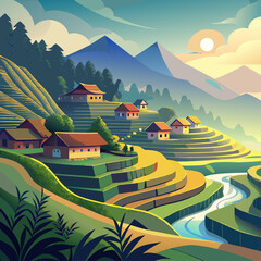 A cityscape with a bridge and a green forest. The city is futuristic and the bridge is suspended above the water