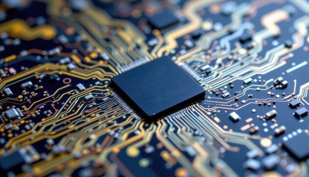 A close up view of a microchip reveals intricate patterns of circuitry