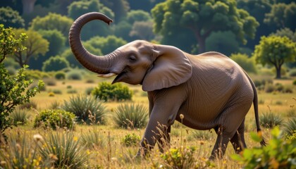 Obraz premium The elephant lifted its long, muscular trunk high into the air, swaying gently as it sniffed the surrounding air for any hint of danger or food.