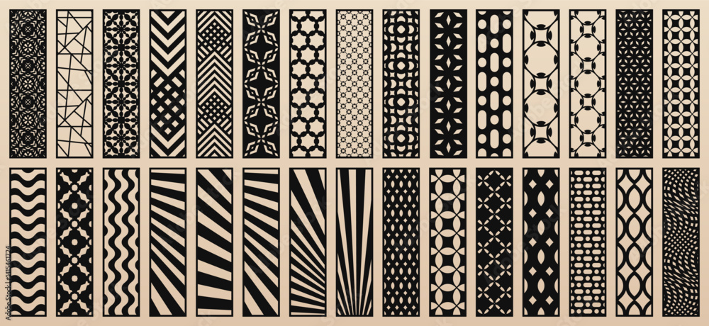 Aufkleber Big vector bundle of 30 templates for laser cut, CNC, plotter. Unique design with abstract geometric patterns, modern ornaments. Stencils for cutting of wood, paper, metal, plastic. Aspect ratio 1:4