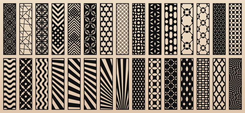 Big vector bundle of 30 templates for laser cut, CNC, plotter. Unique design with abstract geometric patterns, modern ornaments. Stencils for cutting of wood, paper, metal, plastic. Aspect ratio 1:4