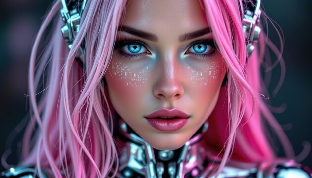 In this close up portrait, a stunning cyber woman is dressed in a sleek, futuristic costume that gleams with metallic silver accents and intricate circuit like patterns