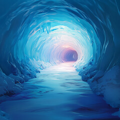 Long ice cave tunnel. Illustration for cover, card, postcard, interior design, banner, poster, brochure or presentation.