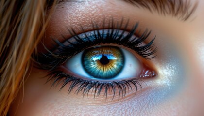 Fototapeta premium A close up photograph of a beautiful female eye showcasing intricate details of natural makeup application, highlighting the intricate patterns of the iris and eyelashes.