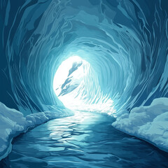 Long ice cave tunnel. Illustration for cover, card, postcard, interior design, banner, poster, brochure or presentation.