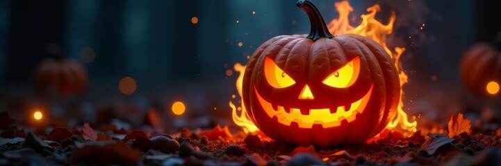 Fototapeta premium Creepy glowing jack o lantern engulfed in fiery flames, pumpkin, creepy