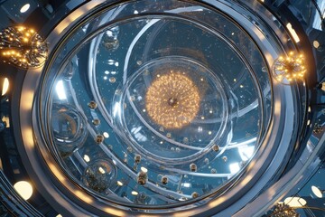 Obraz premium Abstract architectural wonder with circular rings, glowing spheres, and futuristic design creates a mesmerizing and otherworldly experience.