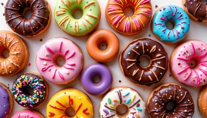 An assortment of vibrant flavored and colored donuts are displayed beautifully on a white background, allowing the bright hues and unique designs to pop