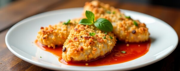 Crunchy almond crusted chicken tenders with vibrant tomato sauce on a white plate, almond, meal