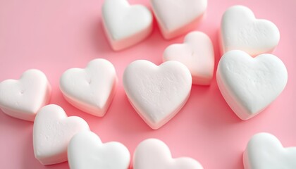 Obraz premium Delicate white & pink heart marshmallows on a pastel pink background, ample copy space, food photography, yummy