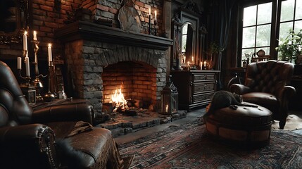 Naklejka premium A cozy living room with a fireplace, leather armchairs, and a rug
