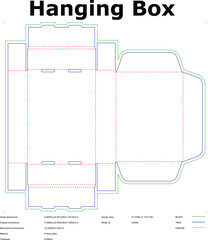 Technical blueprint for hanging box packaging design with dimensions and crease lines for die cutting and manufacturing e flute paper © Bappaditya Roy