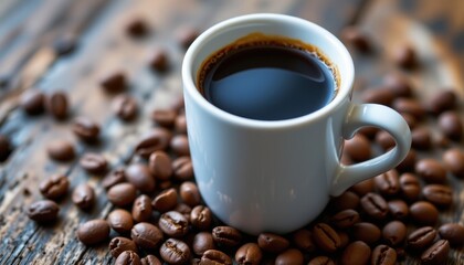 Fototapeta premium The hot coffee cup is filled with aromatic roasted beans, creating a rich and invigorating aroma that awakens the senses with every sip.