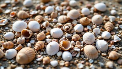 Fototapeta premium A close up image featuring a variety of seashells scattered across a sandy beach, capturing the intricate details and unique patterns of each shell.